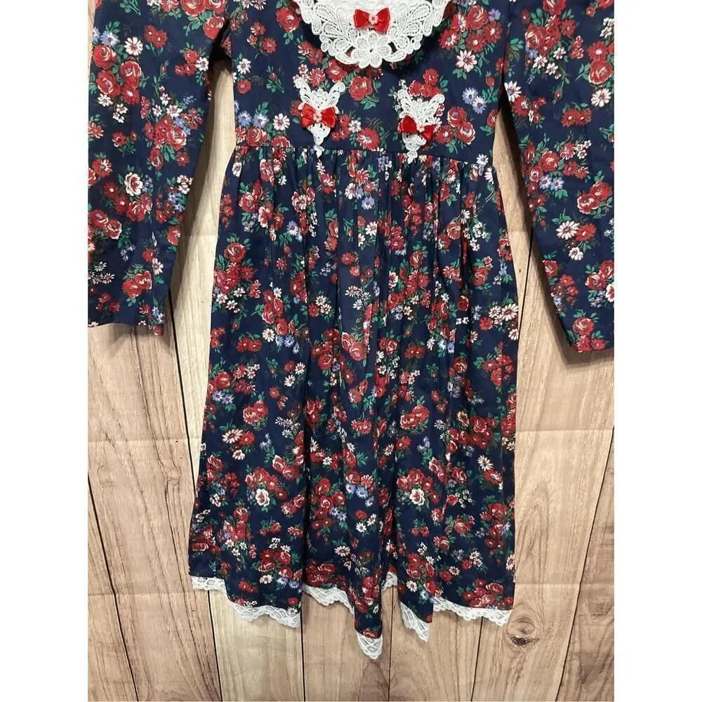 Rare Editions size 7 Girls prairie dress made in USA blue red white lace vintage